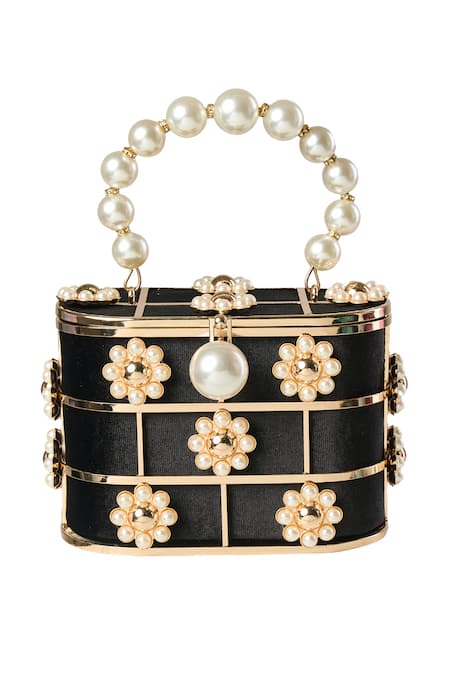 Shop Nazaakat By Samara Singh Black Pearls Velvet Embellished Handbag at Aza Fashions Shop_Nazaakat By Samara Singh_Black Pearls Velvet Embellished Handbag _at_Aza_Fashions
