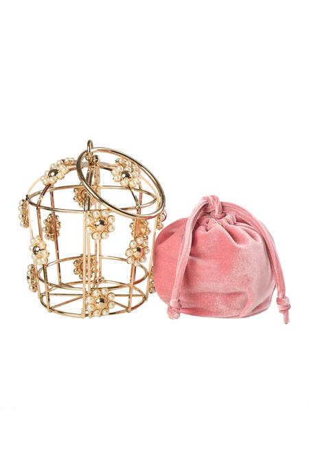 Shop Nazaakat By Samara Singh Gold Pearls Velvet Metal Cage Handbag Online at Aza Fashions Shop_Nazaakat By Samara Singh_Gold Pearls Velvet Metal Cage Handbag _Online_at_Aza_Fashions