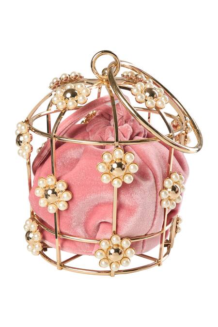 Nazaakat By Samara Singh Gold Pearls Velvet Metal Cage Handbag at Aza Fashions Nazaakat By Samara Singh_Gold Pearls Velvet Metal Cage Handbag _at_Aza_Fashions