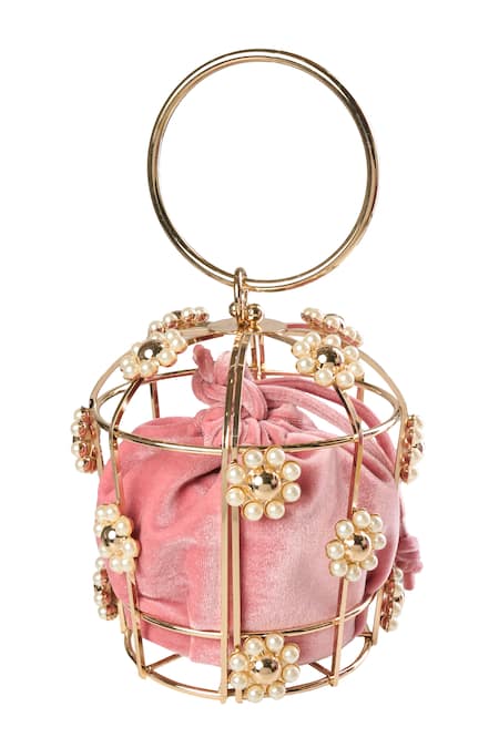 Shop Nazaakat By Samara Singh Gold Pearls Velvet Metal Cage Handbag at Aza Fashions Shop_Nazaakat By Samara Singh_Gold Pearls Velvet Metal Cage Handbag _at_Aza_Fashions