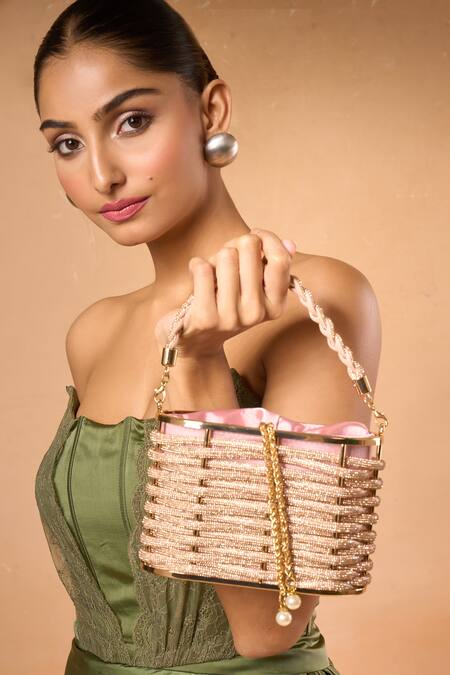 Shop Nazaakat By Samara Singh Rose Gold Beads Bucket Bag Online at Aza Fashions Shop_Nazaakat By Samara Singh_Rose Gold Beads Bucket Bag _Online_at_Aza_Fashions