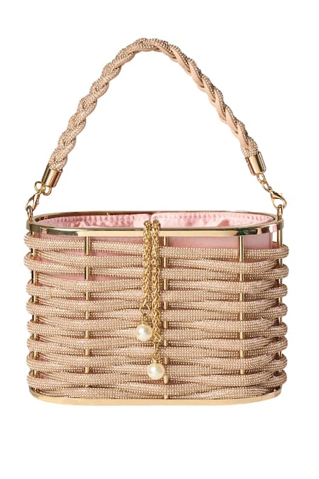 Shop Nazaakat By Samara Singh Rose Gold Beads Bucket Bag at Aza Fashions Shop_Nazaakat By Samara Singh_Rose Gold Beads Bucket Bag _at_Aza_Fashions