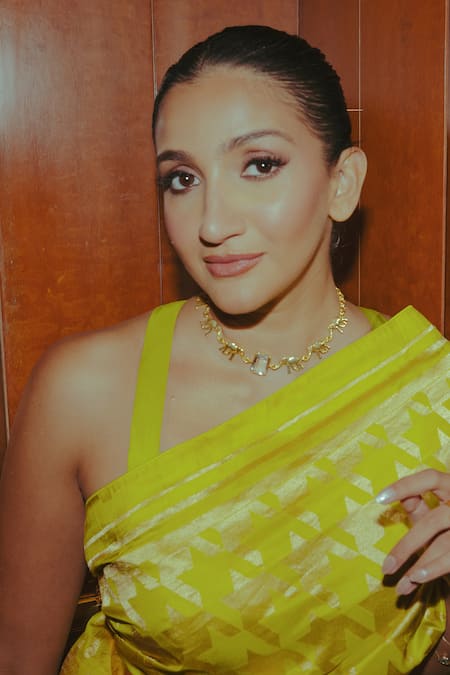 Ekaya Banaras Pink Silk Zari Lime Gold Houndstooth Saree Online at Aza Fashions Ekaya Banaras_Pink Silk Zari Lime Gold Houndstooth Saree _Online_at_Aza_Fashions