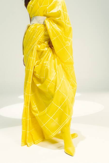 Ekaya Banaras_Yellow Silk Cut Work Window Pane Check Saree _Online_at_Aza_Fashions
