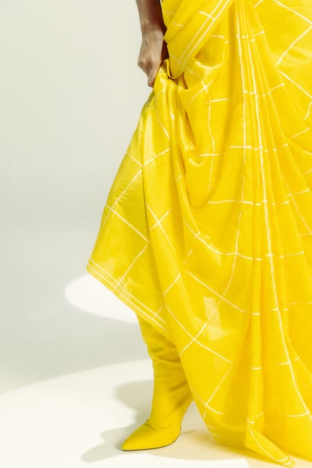 Buy_Ekaya Banaras_Yellow Silk Cut Work Window Pane Check Saree _Online_at_Aza_Fashions