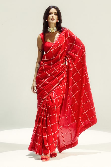 Ekaya Banaras Red Silk Cut Work Radiant Windowpane Check Saree 