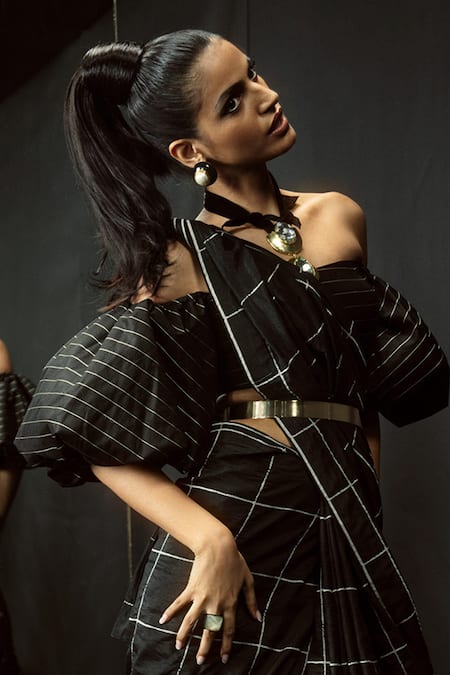 Ekaya Banaras Black Silk Cut Work Asymmetric Windowpane Check Saree Online at Aza Fashions Ekaya Banaras_Black Silk Cut Work Asymmetric Windowpane Check Saree _Online_at_Aza_Fashions