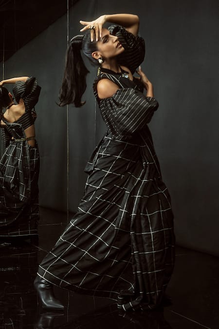 Ekaya Banaras Black Windowpane Check Silk Saree 