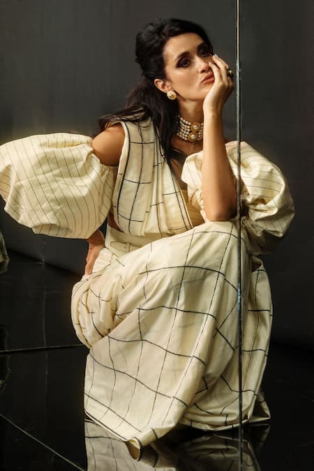 Shop_Ekaya Banaras_Cream Silk Cut Work Off-shoulder Vanilla Windowpane Check Saree _at_Aza_Fashions