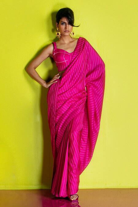 Shop_Ekaya Banaras_Rose Gold Silk Square Neck Rani Pink Pinstripe Handwoven Saree _at_Aza_Fashions