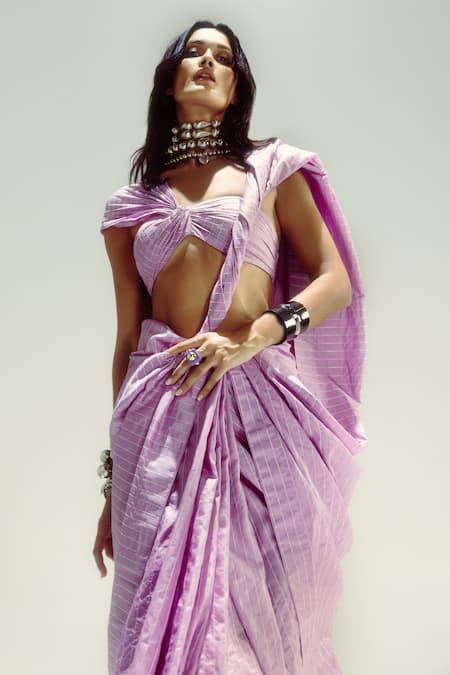 Shop Ekaya Banaras Lilac Silk Round Neck Pin Stripe Saree at Aza Fashions Shop_Ekaya Banaras_Lilac Silk Round Neck Pin Stripe Saree _at_Aza_Fashions