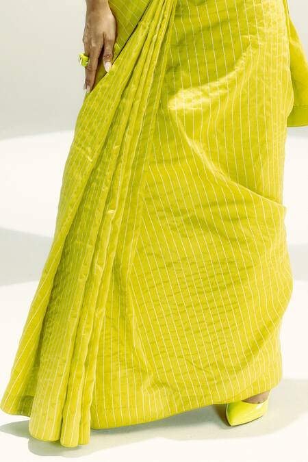 Ekaya Banaras Yellow Silk V-neck Lime Pin Stripe Saree Online at Aza Fashions Ekaya Banaras_Yellow Silk V-neck Lime Pin Stripe Saree _Online_at_Aza_Fashions