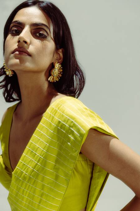 Buy Ekaya Banaras Yellow Silk V-neck Lime Pin Stripe Saree Online at Aza Fashions Buy_Ekaya Banaras_Yellow Silk V-neck Lime Pin Stripe Saree _Online_at_Aza_Fashions