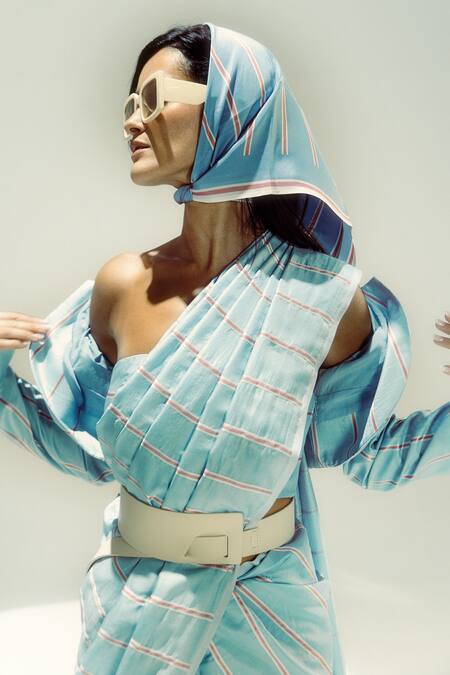 Ekaya Banaras Blue Silk Asymmetric Powder Pencil Stripe Saree Online at Aza Fashions Ekaya Banaras_Blue Silk Asymmetric Powder Pencil Stripe Saree _Online_at_Aza_Fashions