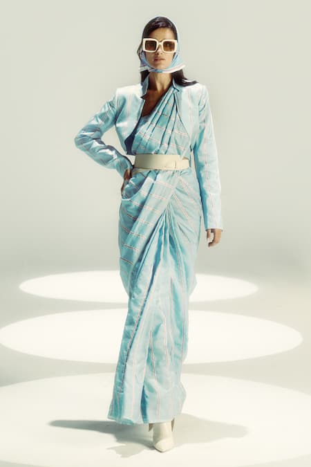 Ekaya Powder Blue Pencil Stripe Silk Saree 
