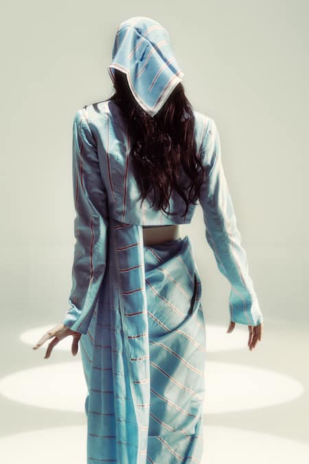 Ekaya Banaras Powder Blue Pencil Stripe Silk Saree 