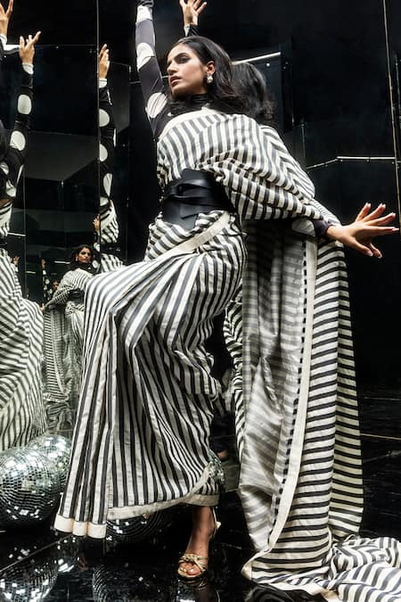 Ekaya Banaras Black Silk Nautical Stripe Saree Online at Aza Fashions Ekaya Banaras_Black Silk Nautical Stripe Saree _Online_at_Aza_Fashions