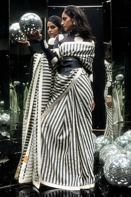 Shop Ekaya Banaras Black Silk Nautical Stripe Saree at Aza Fashions Shop_Ekaya Banaras_Black Silk Nautical Stripe Saree _at_Aza_Fashions