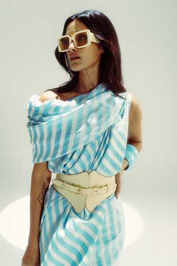 Ekaya Banaras_Blue Silk Nautical Stripe Saree _Online_at_Aza_Fashions
