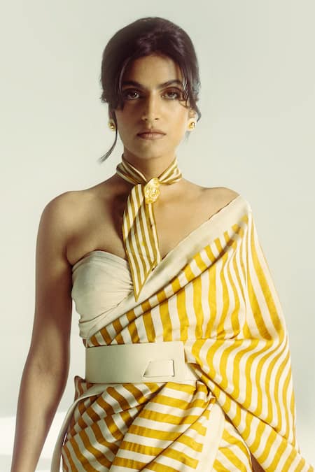 Ekaya Banaras Yellow Silk One Shoulder Ochre Nautical Stripe Handloom Saree Online at Aza Fashions Ekaya Banaras_Yellow Silk One Shoulder Ochre Nautical Stripe Handloom Saree _Online_at_Aza_Fashions
