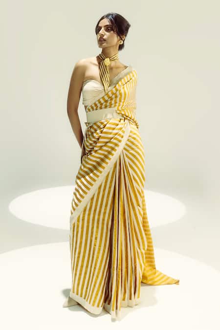 Ekaya Banaras Ochre Nautical Stripe Handloom Saree 