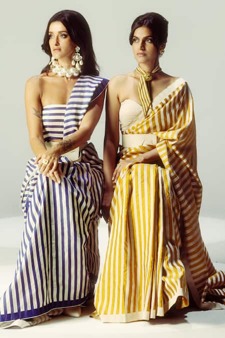 Buy Ekaya Banaras Yellow Silk One Shoulder Ochre Nautical Stripe Handloom Saree Online at Aza Fashions Buy_Ekaya Banaras_Yellow Silk One Shoulder Ochre Nautical Stripe Handloom Saree _Online_at_Aza_Fashions