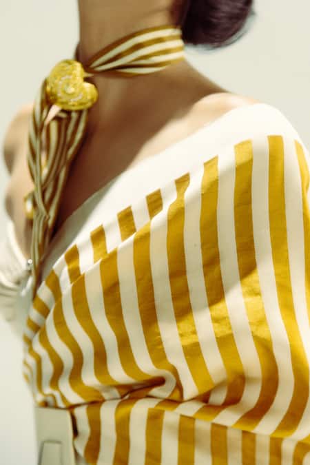 Shop Ekaya Banaras Yellow Silk One Shoulder Ochre Nautical Stripe Handloom Saree Online at Aza Fashions Shop_Ekaya Banaras_Yellow Silk One Shoulder Ochre Nautical Stripe Handloom Saree _Online_at_Aza_Fashions