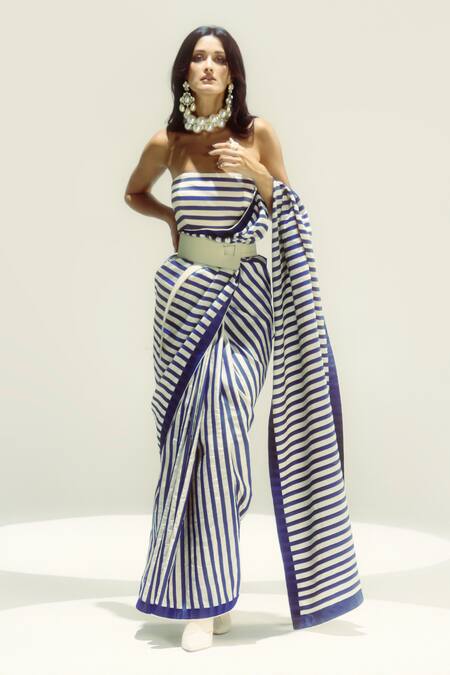 Ekaya Banaras Navy Silk Nautical Striped Saree Set Online at Aza Fashions Ekaya Banaras_Navy Silk Nautical Striped Saree Set _Online_at_Aza_Fashions