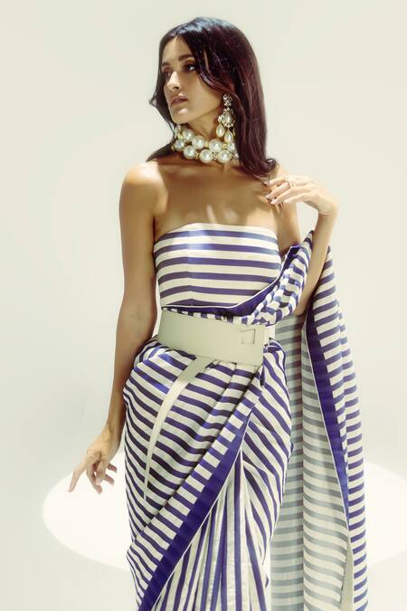 Buy Ekaya Banaras Navy Silk Nautical Striped Saree Set Online at Aza Fashions Buy_Ekaya Banaras_Navy Silk Nautical Striped Saree Set _Online_at_Aza_Fashions