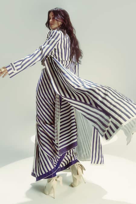 Ekaya Banaras Nautical Striped Silk Saree Set 