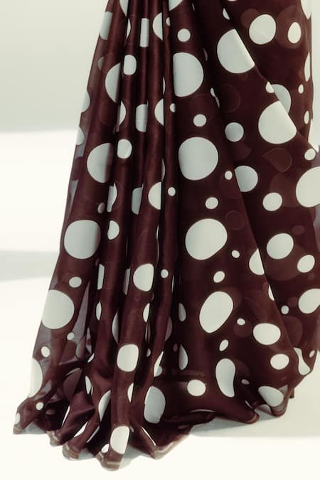 Ekaya Banaras_Brown Organza Cut Work Sweetheart Neck Espresso Polka Dot Saree _Online_at_Aza_Fashions