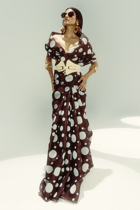 Ekaya Banaras Espresso Polka Dot Cutwork Saree 