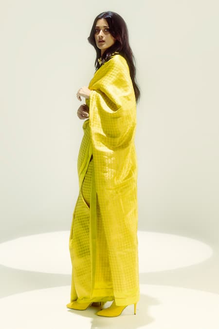 Ekaya Banaras Yellow Silk Satin Zari Houndstooth Saree Online at Aza Fashions Ekaya Banaras_Yellow Silk Satin Zari Houndstooth Saree _Online_at_Aza_Fashions