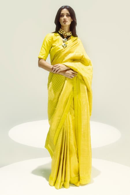 Ekaya Banaras Zari Houndstooth Yellow Saree 