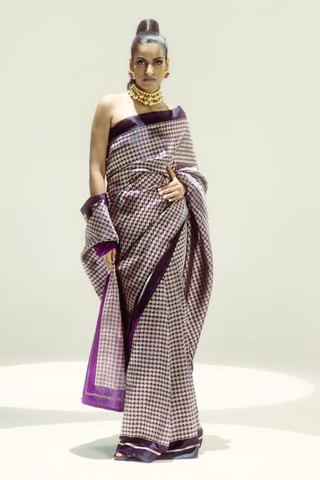 Shop Ekaya Banaras Purple Silk Satin Zari Houndstooth Saree at Aza Fashions Shop_Ekaya Banaras_Purple Silk Satin Zari Houndstooth Saree _at_Aza_Fashions