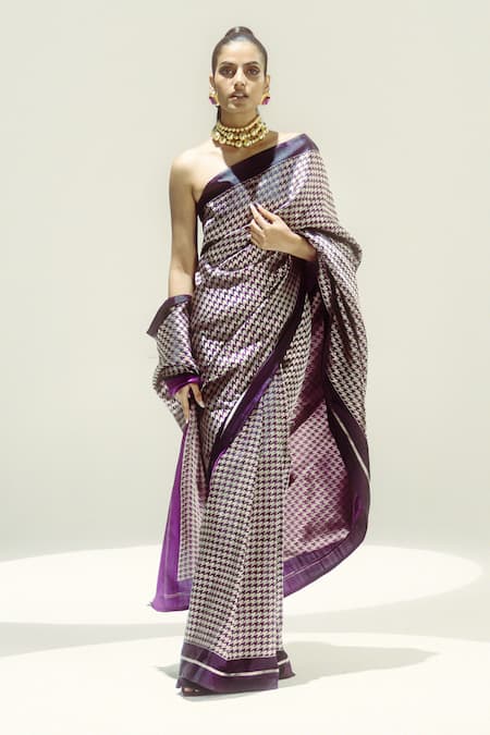Ekaya Banaras Purple Silk Satin Zari Houndstooth Saree