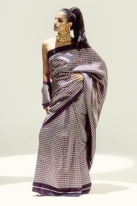Ekaya Banaras Purple Silk Satin Zari Houndstooth Saree Online at Aza Fashions Ekaya Banaras_Purple Silk Satin Zari Houndstooth Saree _Online_at_Aza_Fashions