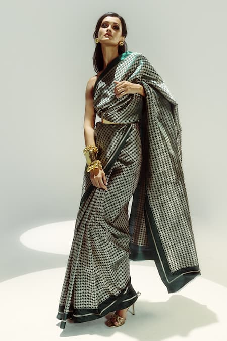 Ekaya Banaras Emerald Green Houndstooth Silk Satin Saree 