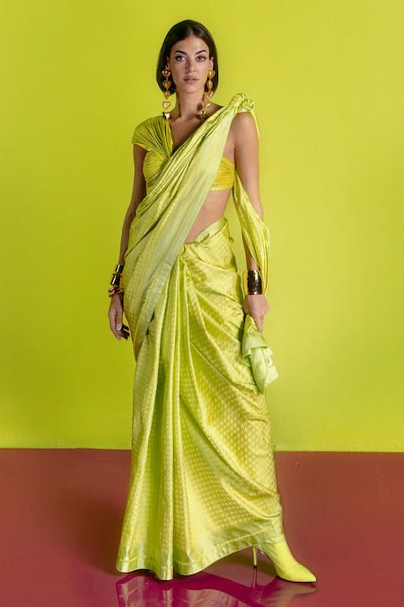 Ekaya Lime Houndstooth Handwoven Saree 