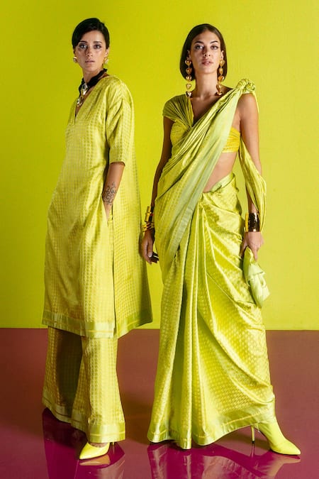 Ekaya Banaras Lavender Silk Satin Asymmetric Lime Houndstooth Handwoven Saree Online at Aza Fashions Ekaya Banaras_Lavender Silk Satin Asymmetric Lime Houndstooth Handwoven Saree _Online_at_Aza_Fashions