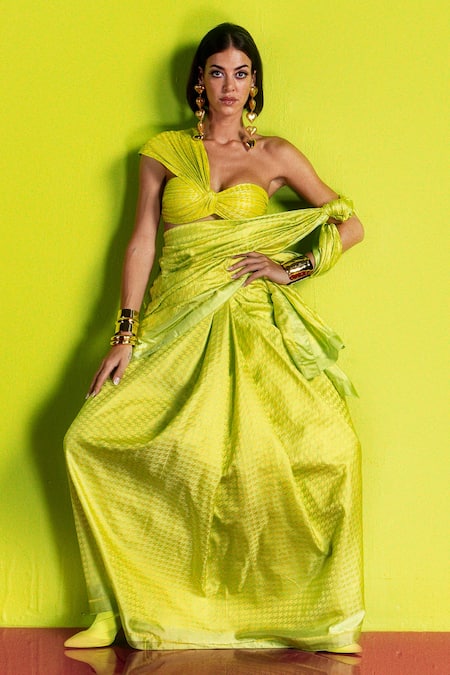 Ekaya Banaras Lime Houndstooth Handwoven Saree 