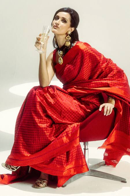 Ekaya Banaras Houndstooth Satin Silk Saree 