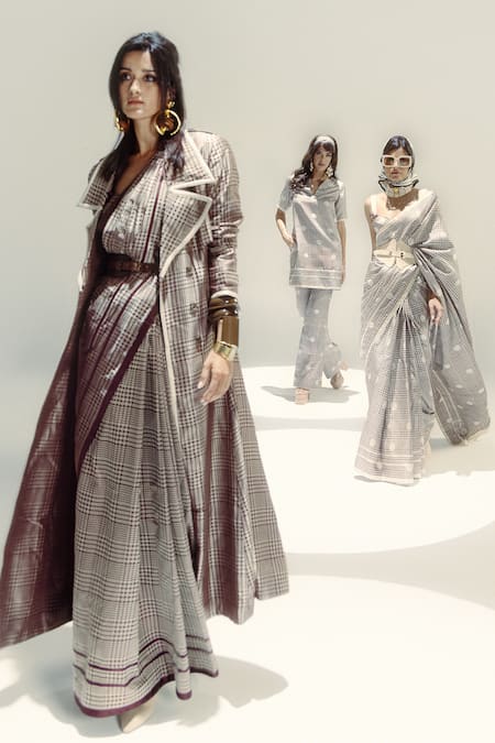 Ekaya Banaras Brown Silk Satin Espresso Glen Plaid Saree Set Online at Aza Fashions Ekaya Banaras_Brown Silk Satin Espresso Glen Plaid Saree Set _Online_at_Aza_Fashions