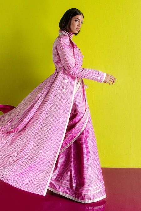 Shop Ekaya Banaras Red Silk Satin Pearls Round Neck Rani Pink Glen Plaid Saree at Aza Fashions Shop_Ekaya Banaras_Red Silk Satin Pearls Round Neck Rani Pink Glen Plaid Saree _at_Aza_Fashions