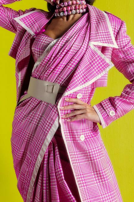 Ekaya Banaras Red Silk Satin Pearls Round Neck Rani Pink Glen Plaid Saree Online at Aza Fashions Ekaya Banaras_Red Silk Satin Pearls Round Neck Rani Pink Glen Plaid Saree _Online_at_Aza_Fashions