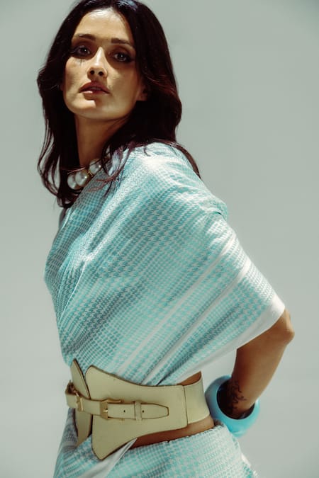 Ekaya Banaras Powder Blue Glen Plaid Handwoven Saree 