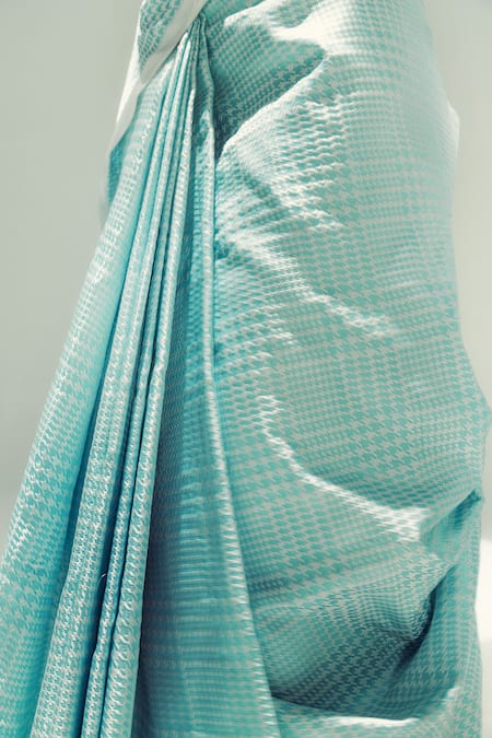 Ekaya Banaras_Blue Silk Satin Powder Glen Plaid Handwoven Saree _Online_at_Aza_Fashions