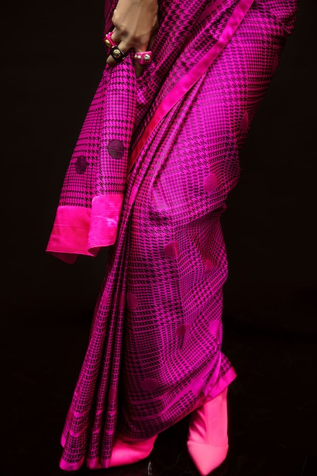Ekaya Banaras Red Silk Satin Scoop Neck Pink Polka Glen Plaid Saree With Blouse Online at Aza Fashions Ekaya Banaras_Red Silk Satin Scoop Neck Pink Polka Glen Plaid Saree With Blouse _Online_at_Aza_Fashions