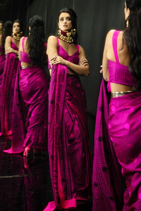 Buy Ekaya Banaras Red Silk Satin Scoop Neck Pink Polka Glen Plaid Saree With Blouse Online at Aza Fashions Buy_Ekaya Banaras_Red Silk Satin Scoop Neck Pink Polka Glen Plaid Saree With Blouse _Online_at_Aza_Fashions