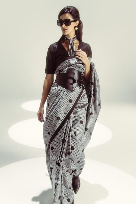 Ekaya Banaras Black Polka Glen Plaid Saree 